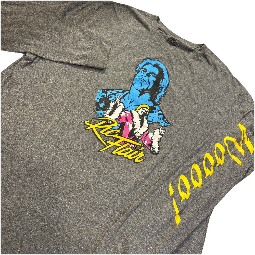 WWF WWE Ric FLAIR Gray Long Sleeve Graphic T-shirt Men's XL Wooooo!‎